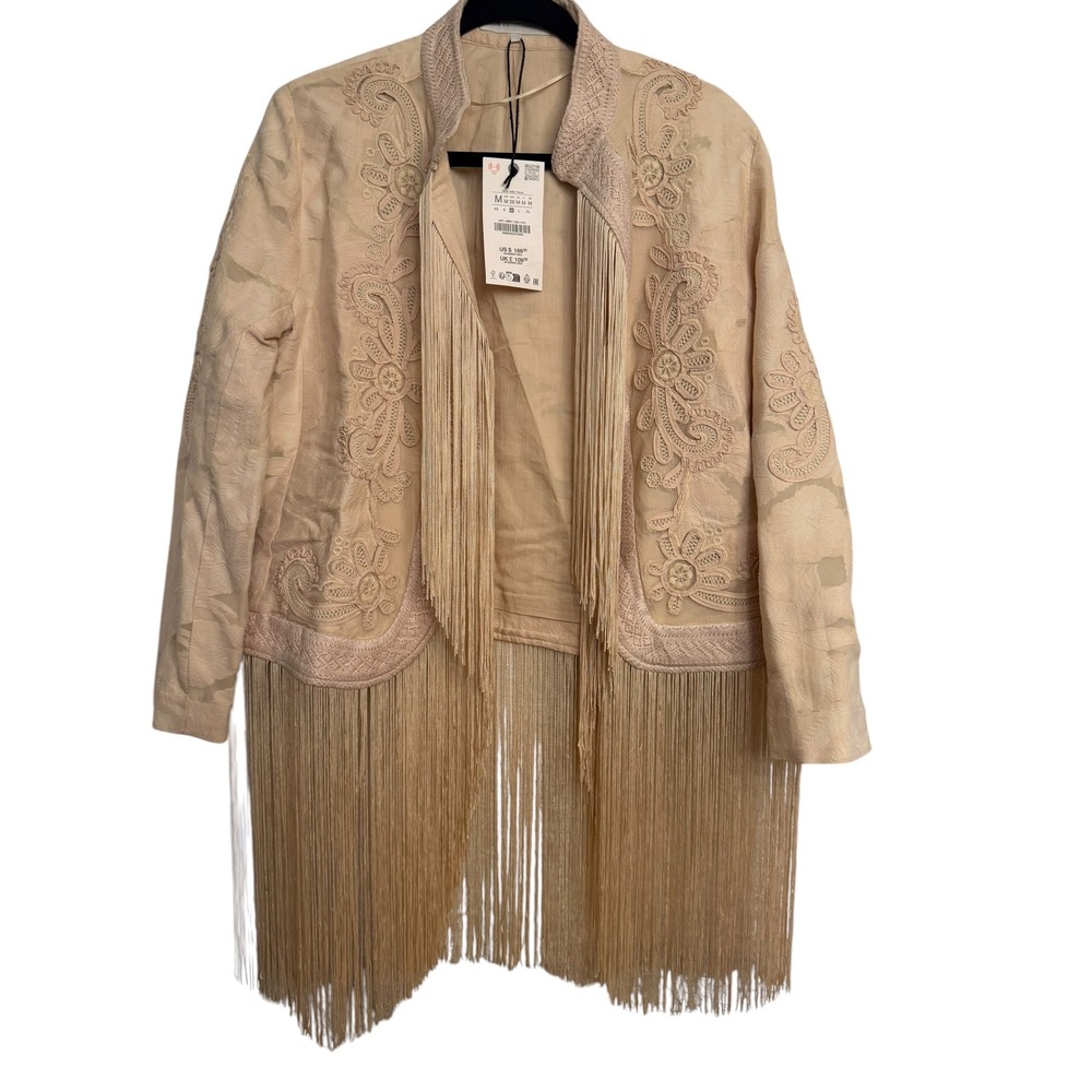 Zara Limited Edition Embroidered Fringe Jacket Beige Floral Boho Western NWT M